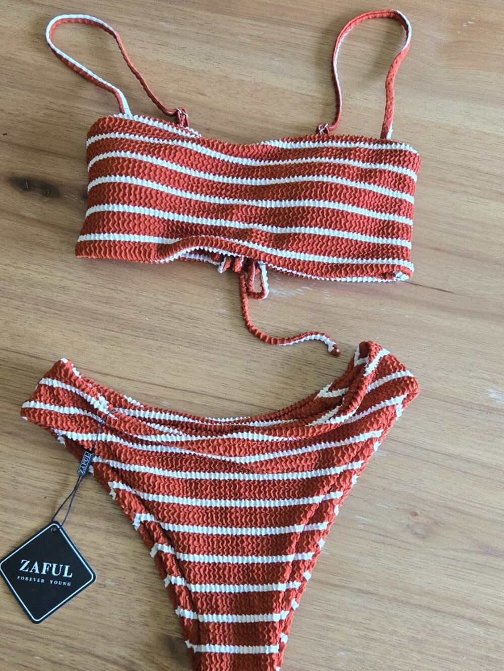 zaful orange white stripe textured bikini set | size s